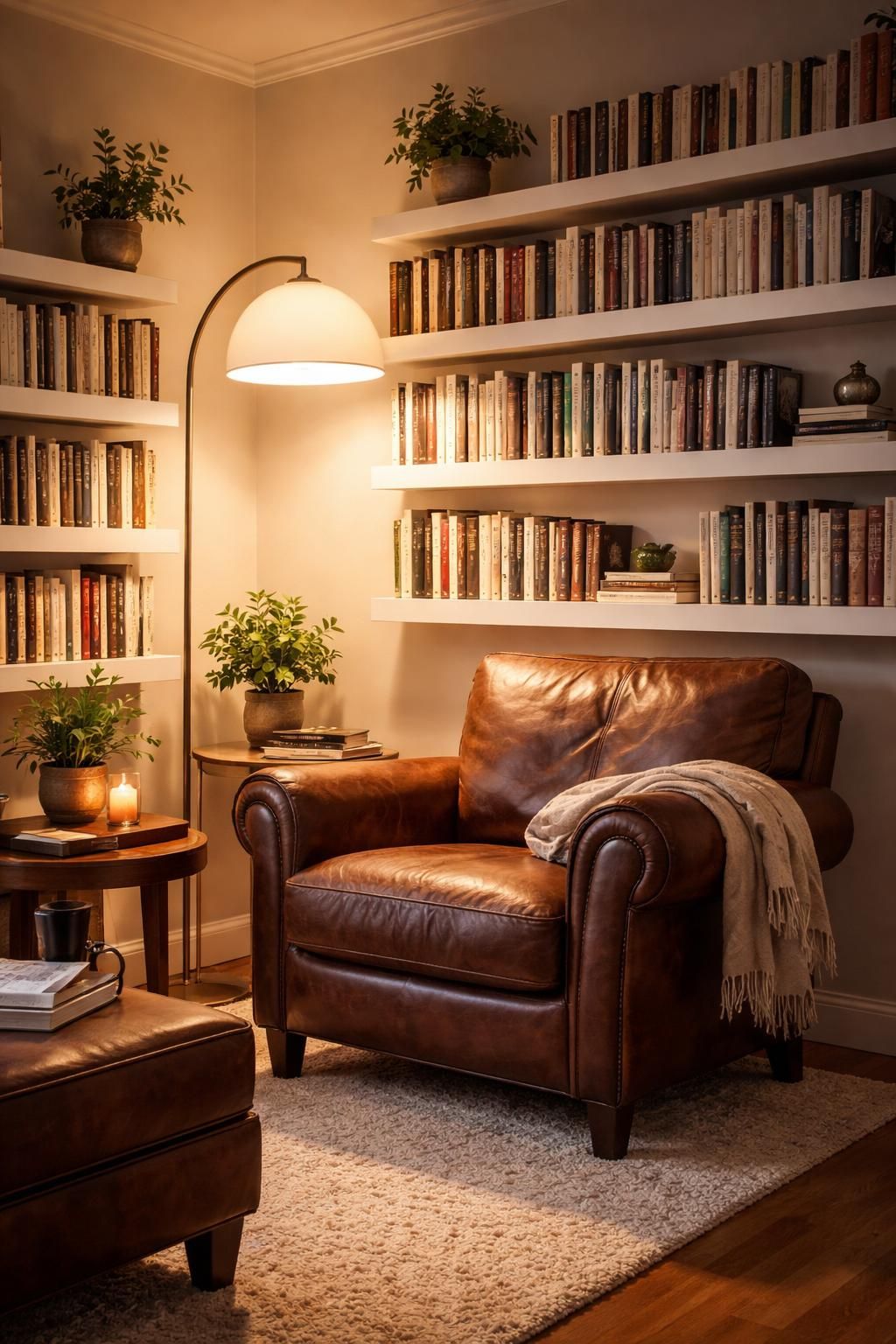 aménagez un coin lecture cosy avec un fauteuil club confortable, un lampadaire artemide élégant et des étagères murales pour organiser vos romans préférés.