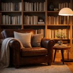 découvrez un coin lecture cosy avec un fauteuil club confortable, un lampadaire artemide élégant et des étagères murales pratiques pour organiser vos romans préférés.