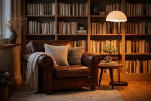découvrez un coin lecture cosy avec un fauteuil club confortable, un lampadaire artemide élégant et des étagères murales pratiques pour organiser vos romans préférés.