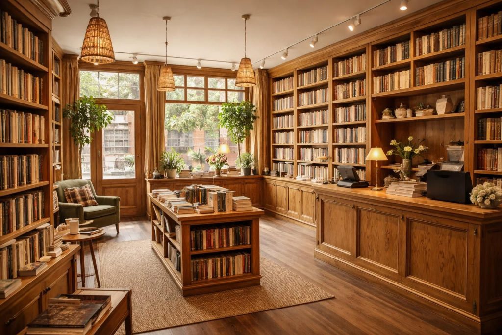 aménagez votre librairie indépendante avec le savoir-faire d'artisans menuisiers et des rayonnages en bois sur mesure, alliant esthétique et fonctionnalité pour valoriser vos ouvrages.